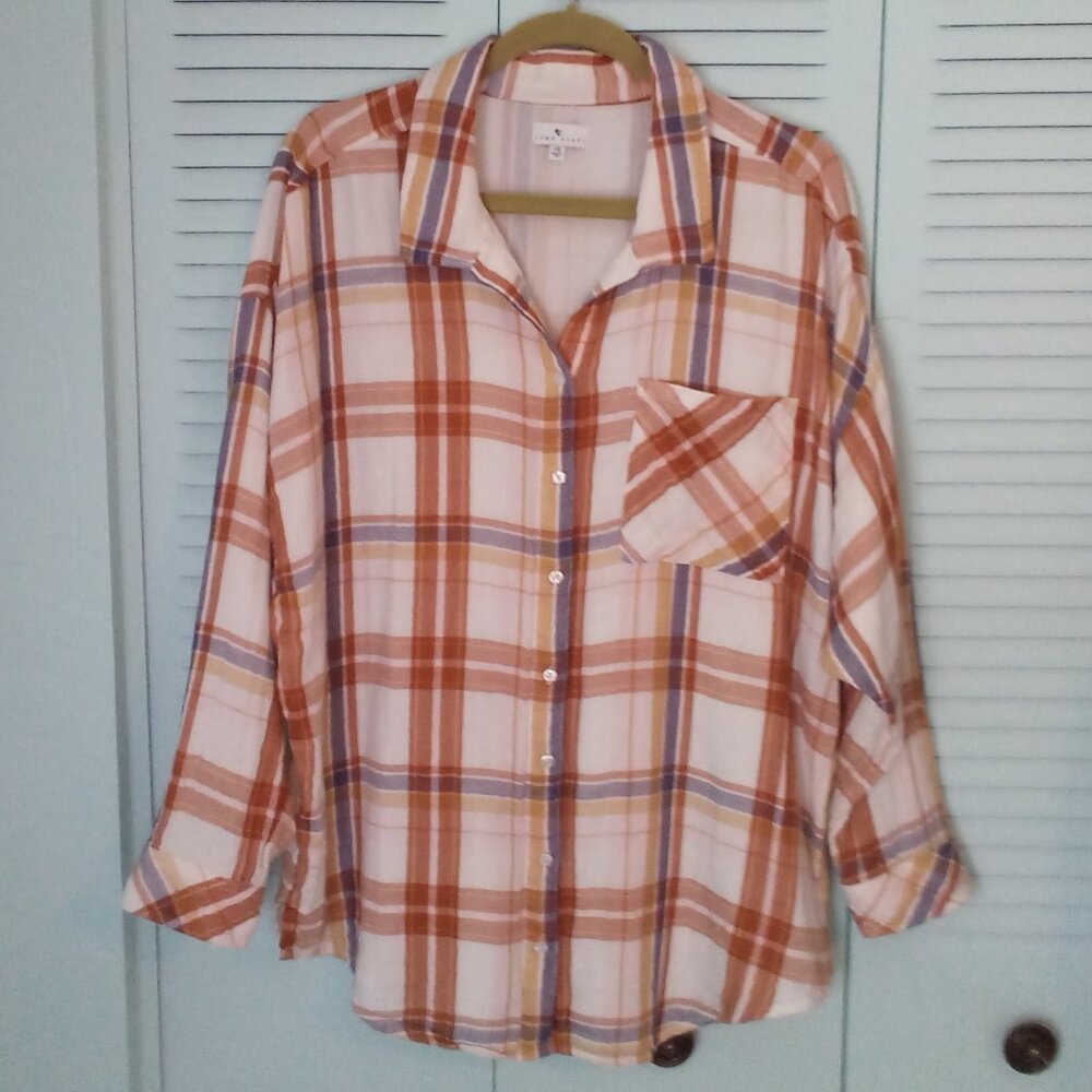 TRUE CRAFT 1X 100% COTTON IVORY WOVEN GAUZY 2-LAYER LIGHT PLAID BUTTON DOWN